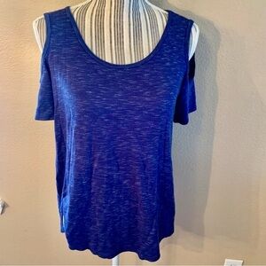 Sunday Shirt Small Navy Blue Cold Shoulder Short Sleeved Top Rayon/Spandex EUC